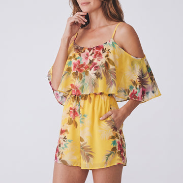 Forever New Yellow Tropical Playsuit | Size 10 | Pre-Loved