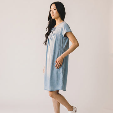 Old Khaki Faded Denim Embroidered Dress | Size 12 | Pre-Loved - 0