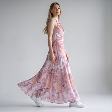 Pink & Purple Marble Print Halter Neck Maxi Dress | Size M | Brand New - 0