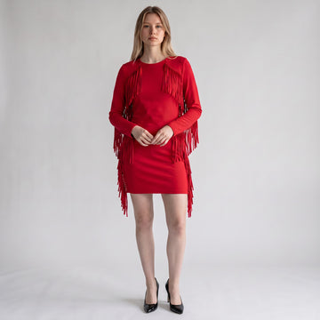 Red Velvet Tassel Bodycon Dress | Size S | Pre-Loved - 0