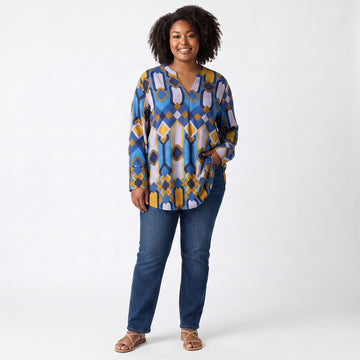 Blue, Pink & Yellow Colour-Block Long-Sleeve Blouse | Size XL | Brand New - 0