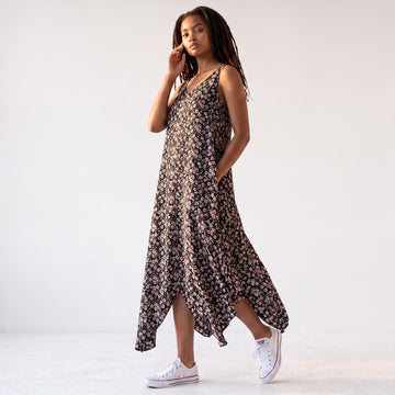 Black Floral Midi Dress with Purple Velvet Belt | Size M | Pre-Loved