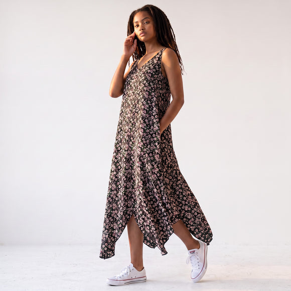 Black Floral Midi Dress with Purple Velvet Belt | Size M | Pre-Loved