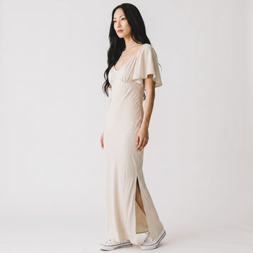 Off-White Satin Maxi Dress with Flowy Sleeves | Size M | Brand New - 0