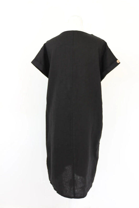 Black 100% linen dress with buttons - S