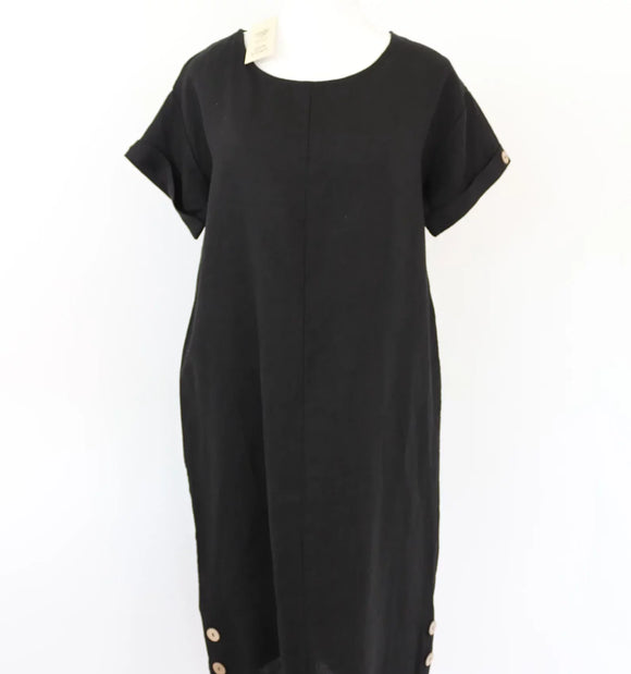 Black 100% linen dress with buttons - S
