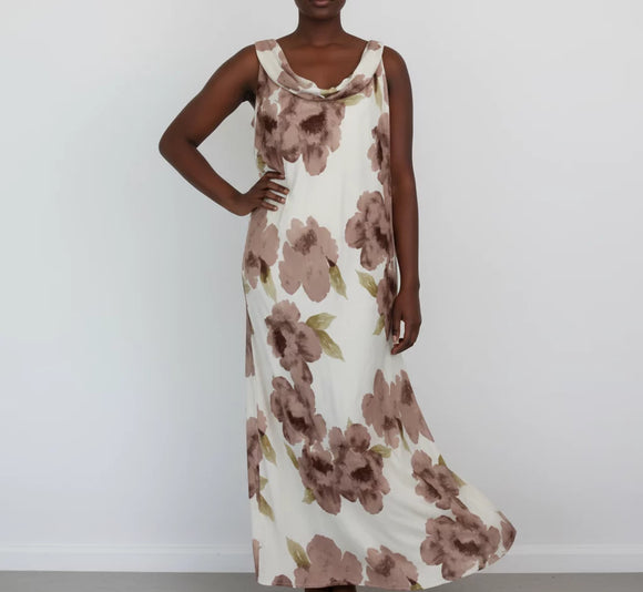 Arlow stone-coloured strap maxi dress with brown floral pattern - XL