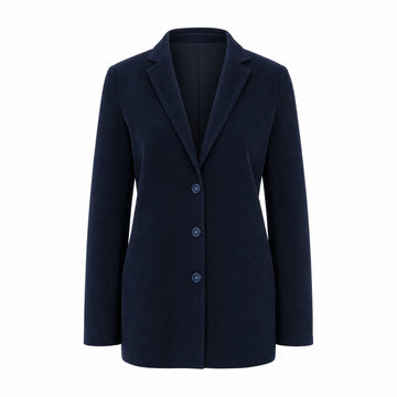 A dark navy blue blazer with a three-button front closure, displayed on a clean white background.