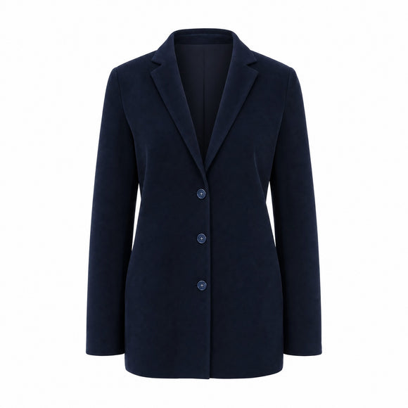 A dark navy blue blazer with a three-button front closure, displayed on a clean white background.