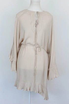 Indiska stone-coloured top with frilly sleeves and drawstring - XL