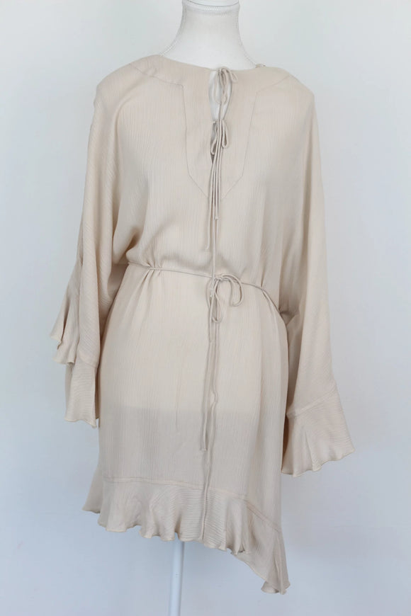 Indiska stone-coloured top with frilly sleeves and drawstring - XL