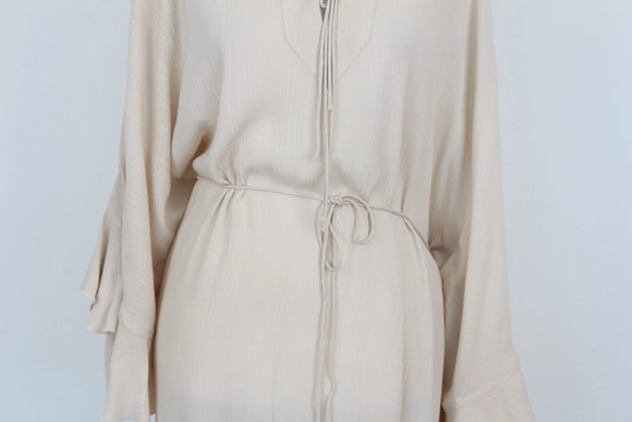 Indiska stone-coloured top with frilly sleeves and drawstring - XL