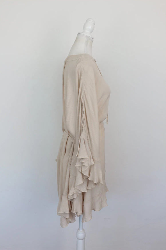 Indiska stone-coloured top with frilly sleeves and drawstring - XL