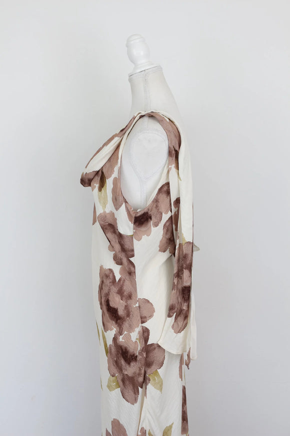Arlow stone-coloured strap maxi dress with brown floral pattern - XL