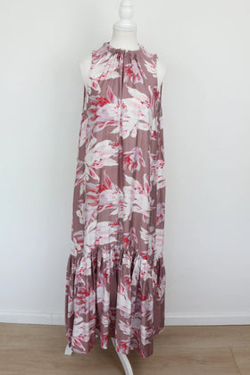Purple sleeveless halterneck maxi dress with pink floral print - S - 0