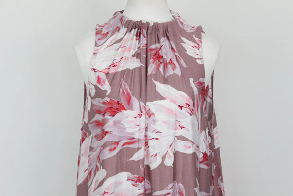 Purple sleeveless halterneck maxi dress with pink floral print - S