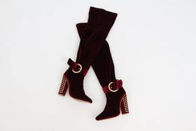 Burgundy velvet over-the-knee boots with studded block heel - 3