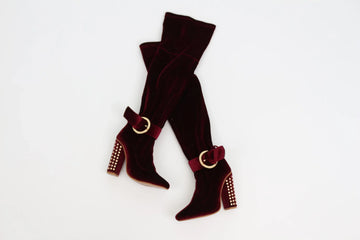 Burgundy Velvet Over-the-Knee Studded Block Heel Boots – UK 3