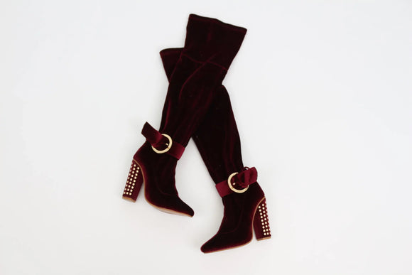 Burgundy velvet over-the-knee boots with studded block heel - 3