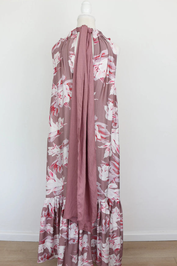 Purple sleeveless halterneck maxi dress with pink floral print - S