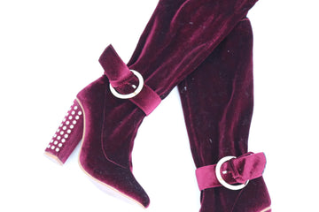 Burgundy Velvet Over-the-Knee Studded Block Heel Boots – UK 3 - 0