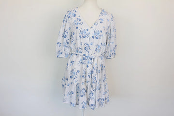 White & Blue Linen-Style Floral Dress – Size S | Brand new