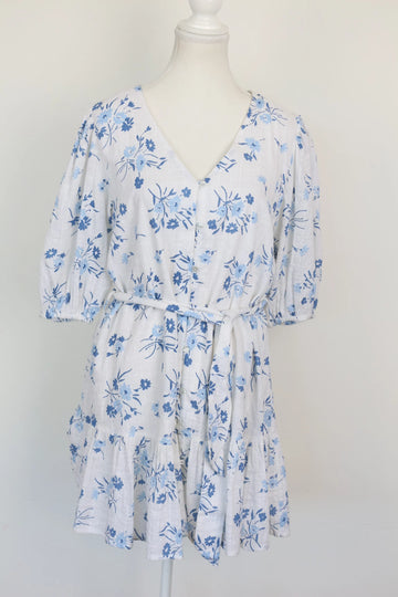 White & Blue Linen-Style Floral Dress – Size S | Brand new - 0