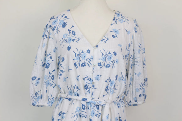 Paramount white and blue linen-style floral dress - S