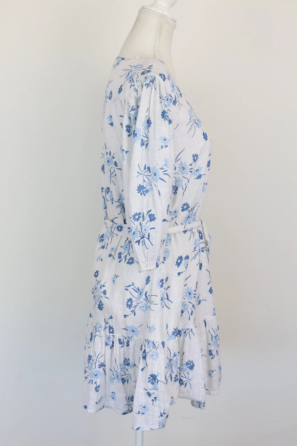 Paramount white and blue linen-style floral dress - S