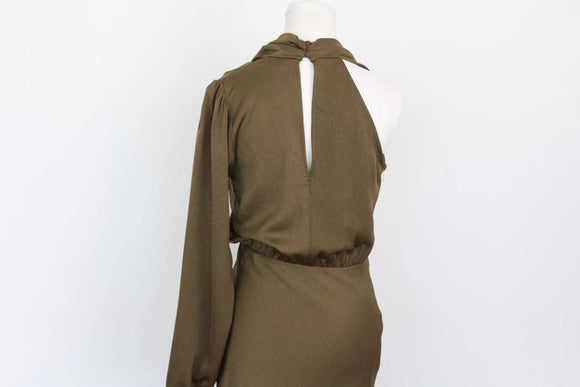 Green asymmetrical tunic-style maxi dress with one long sleeve - S
