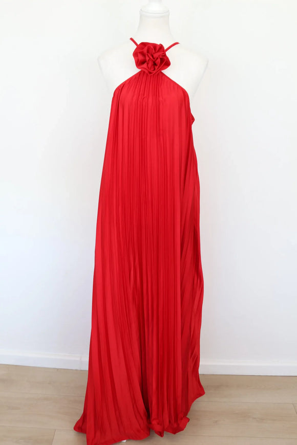 Red strap pleated halterneck maxi dress - XL