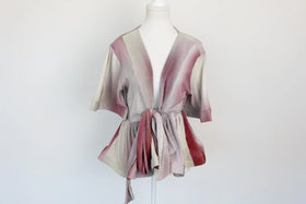Pink/red/grey short-sleeved blouse with deep V-neck - M