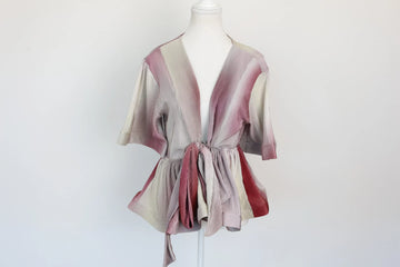 Pink Red Grey Short-Sleeved Deep V-Neck Blouse – M