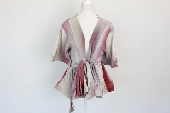 Pink/red/grey short-sleeved blouse with deep V-neck - M