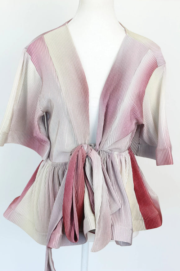 Pink/red/grey short-sleeved blouse with deep V-neck - M