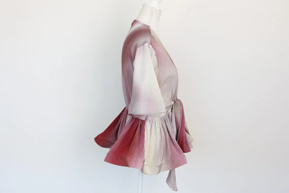 Pink/red/grey short-sleeved blouse with deep V-neck - M