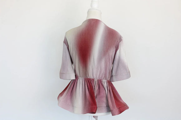 Pink/red/grey short-sleeved blouse with deep V-neck - M