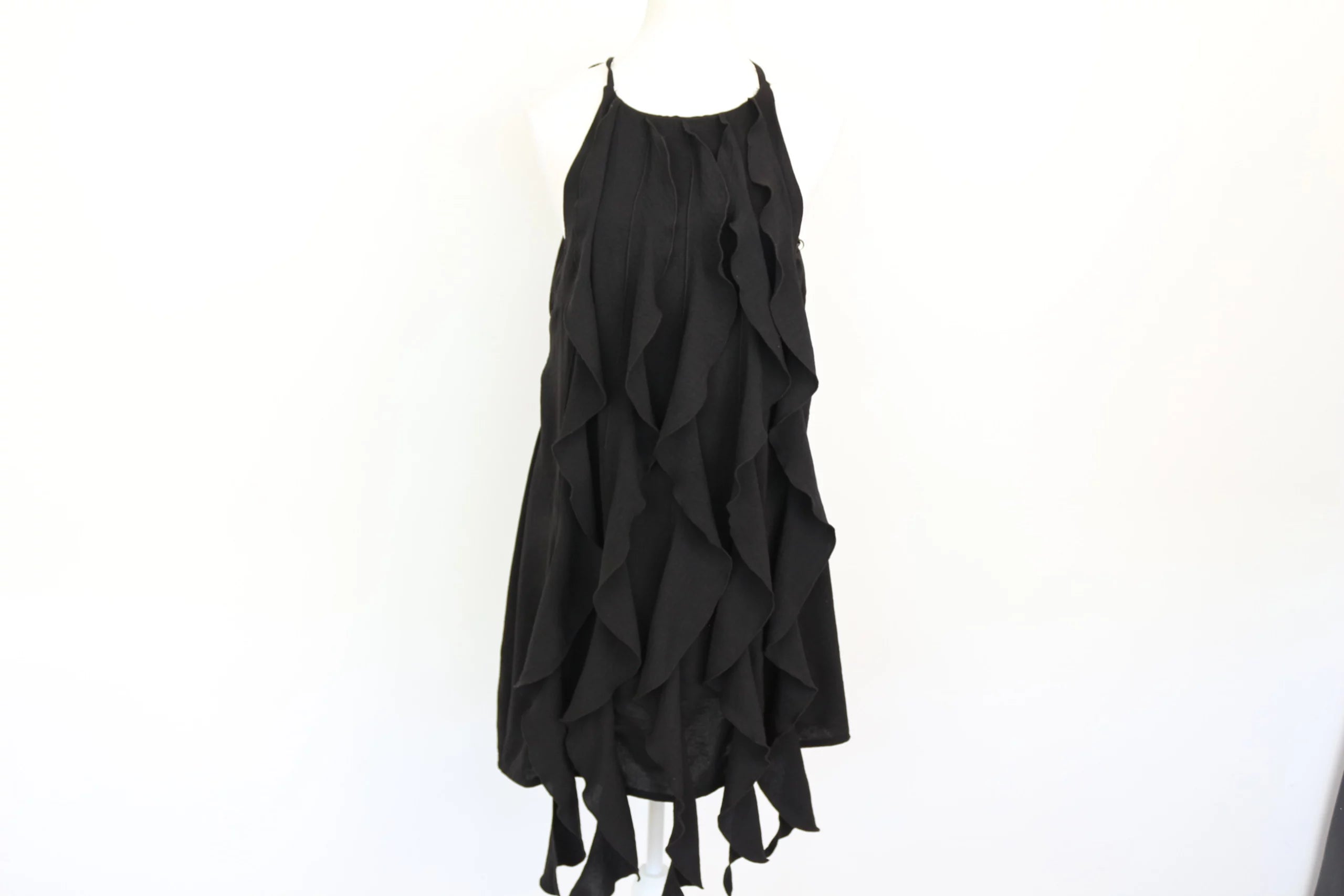 Black A-line strap midi dress with vertical frills