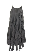 Black A-line strap midi dress with vertical frills - L-2