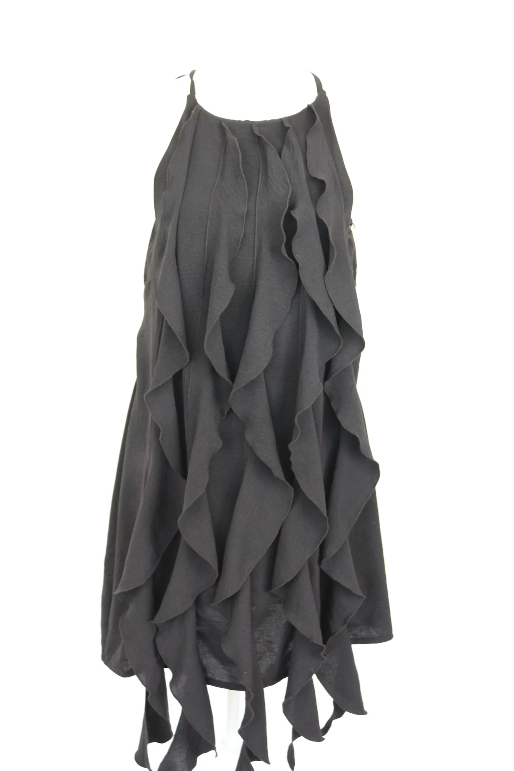 Black A-line strap midi dress with vertical frills