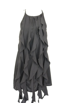 Black A-line strap midi dress with vertical frills - L - 0