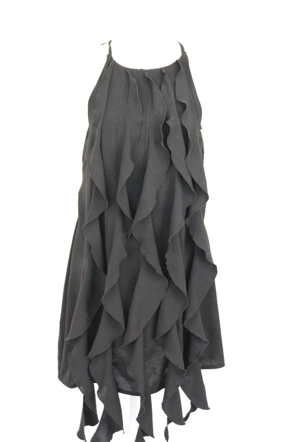 Black A-line strap midi dress with vertical frills - L