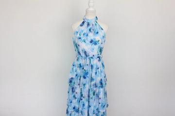 Blue Floral Tiered Halterneck Maxi Dress – Size S | Brand new