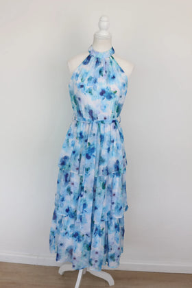 Blue floral print halterneck tiered maxi dress - S - 0