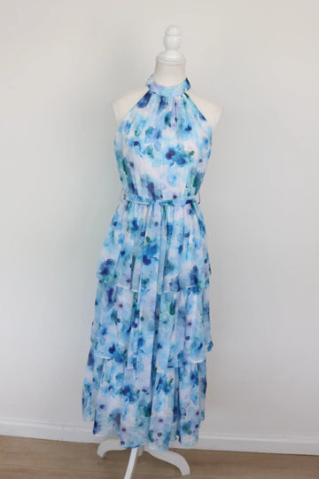 Blue Floral Tiered Halterneck Maxi Dress – Size S | Brand new - 0