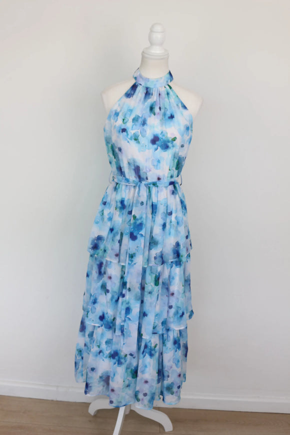 Blue floral print halterneck tiered maxi dress - S