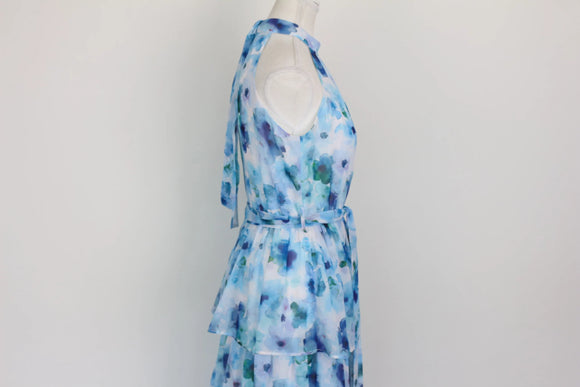 Blue floral print halterneck tiered maxi dress - S