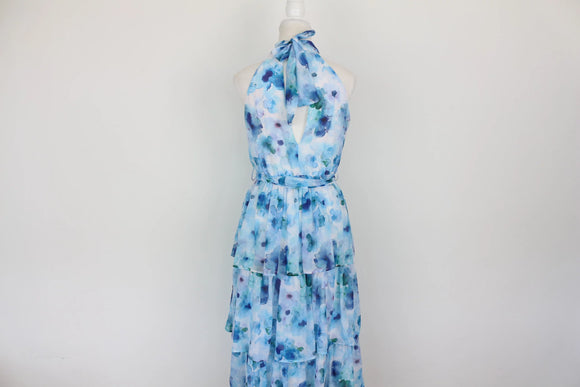 Blue floral print halterneck tiered maxi dress - S