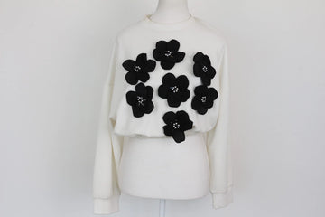 White Cinched-Waist Top with Black Beaded Floral Detail – Size M | Thrift Finds