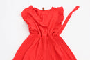 Red sleeveless jumpsuit with frills and waist drawstring - M-1